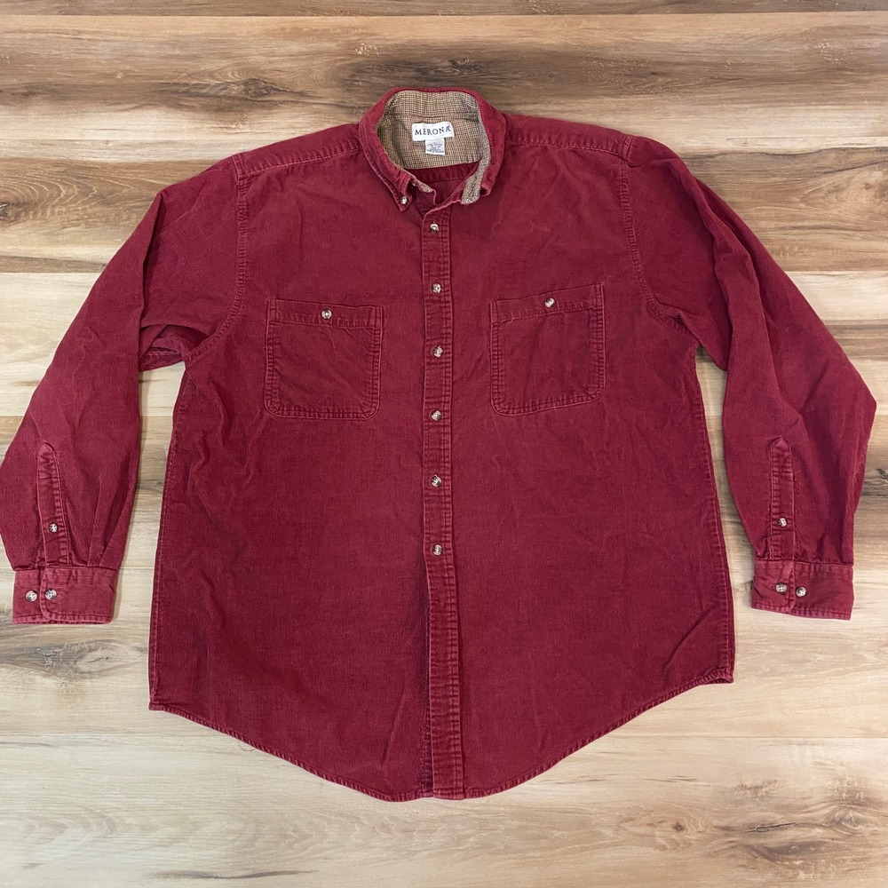 Merona Mens Corduroy Button Down Shirt Large Long Sleeve Burgundy Casual